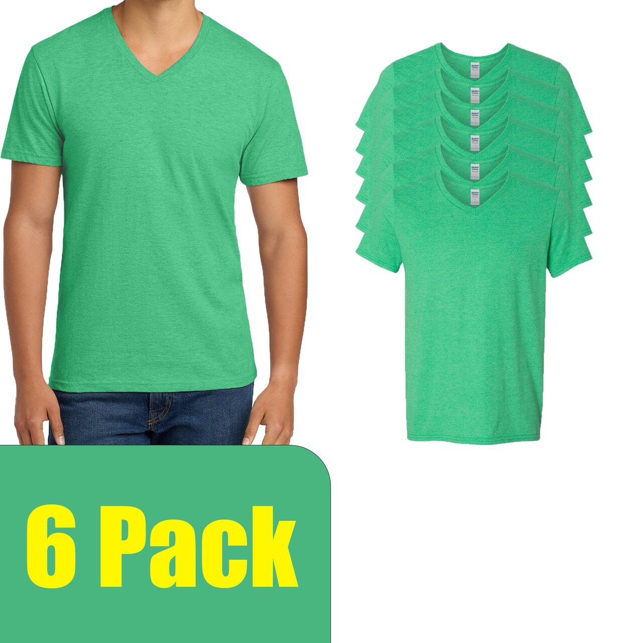 Gildan Men's Softstyle V-Neck T-Shirt, Blank Tee for DIY Craft & Custom Print, Heather Irish Green